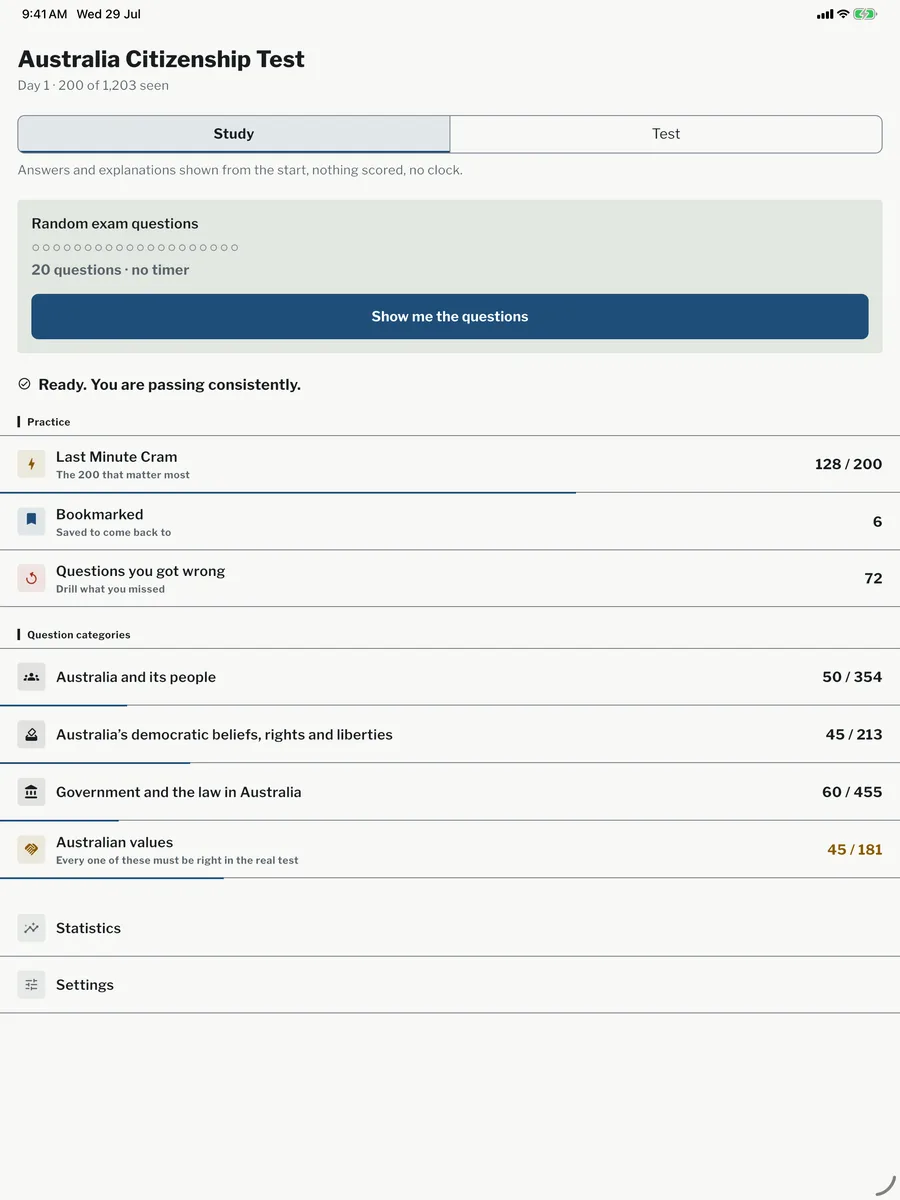 The app's home screen on a tablet, showing practice by section